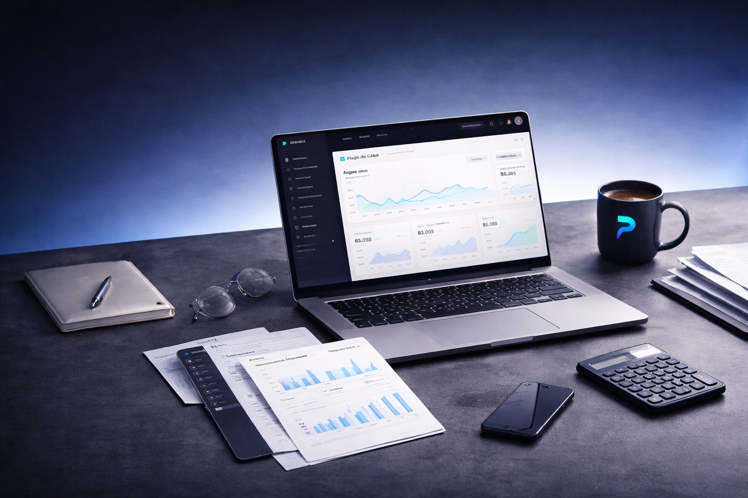Mesa de trabajo con laptop, reportes financieros, calculadora y taza con branding de Prizma